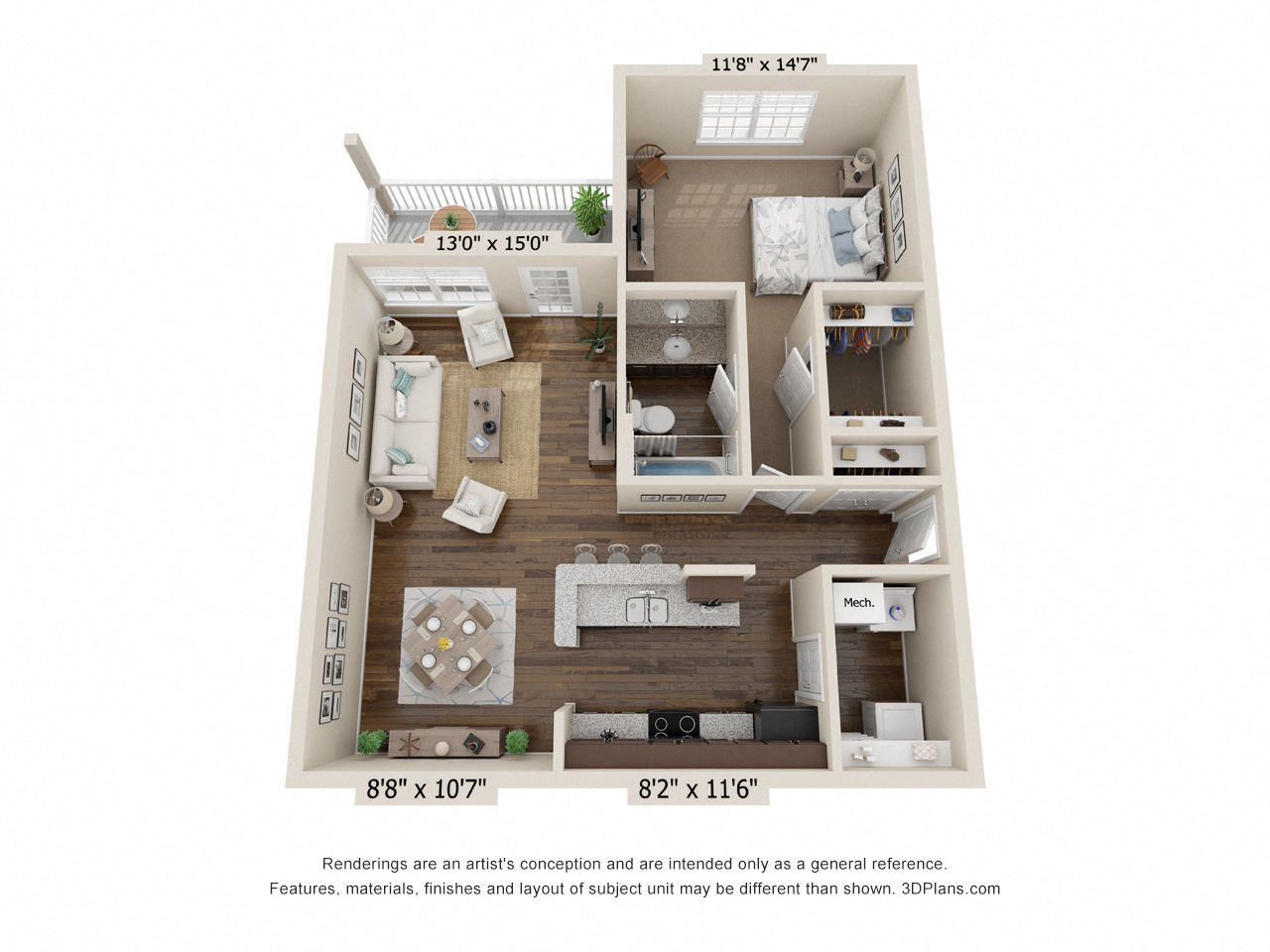 Floor plan for 1 bed, 1 bath, 851 sqft